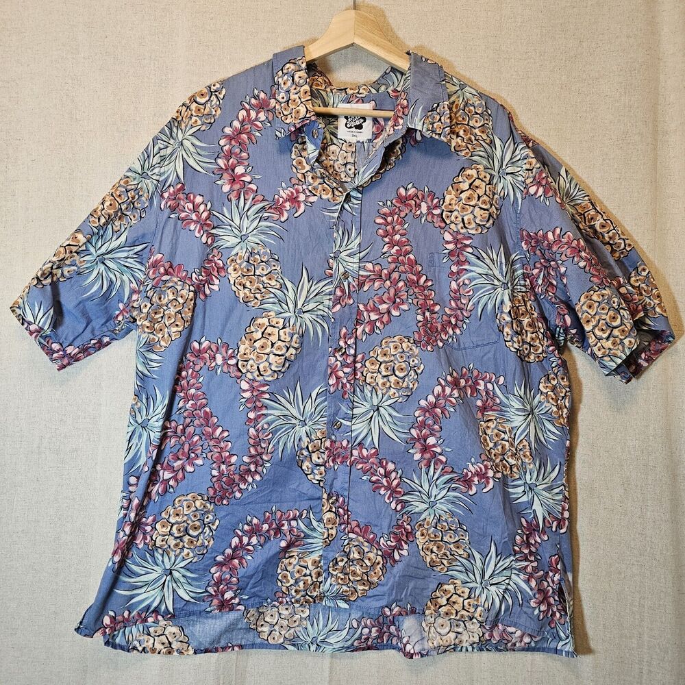 VTG HILO HATTIE Mens Pineapple Lei Print Blue Hawaiian Button Up Shirt 3XL